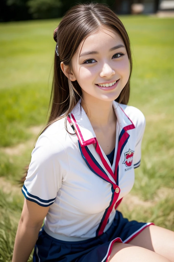 Pure young Japanese cheerleader girl, wearing summer uniforms, natural hair styles, impressive big brown eyes, no makeup, thick eyebrows, pure smile, refreshing in summer sunlight, feeling soft breeze in hair, sexual attractive, professional portrait photography, sitting,