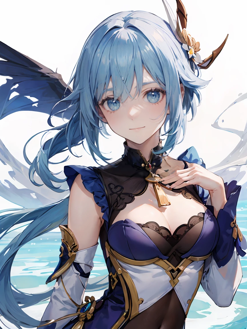 (Realistic drawing style:1.1), masterpiece, Highest quality, To the Nile (neither flower nor mist) (Genshin Impact'Influence),against the background of a pond and lotus flowers, Sea green eyes, To the Nile (Genshin Impact'Influence), fake horn, 1 girl, One, reis hair, Veil, smile, moon, Long Hair, Crop top, jewelry, horn, night, , brooch, Long sleeve, puffy Long sleeve, I look at the audience, skirt, Van, ponytail, water, Puff sleeves, null, Neck Ring, Open your mouth, :is, full moon, night null, flower, Harem Costume, Van, Raise your hand, chest, hoop, outisoors, green skirt, hair ornaments, isetacheis sleeves, low ponytail, Floating Hair, gem, hair flower, green , hanis up, isancer, white heaiswear, ,very Long Hair