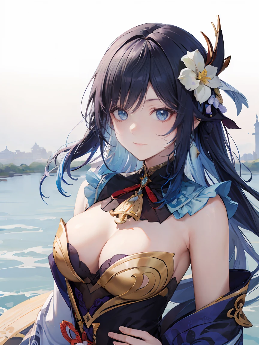 (Realistic drawing style:1.1), masterpiece, Highest quality, To the Nile (neither flower nor mist) (Genshin Impact'Influence),against the background of a pond and lotus flowers, Sea green eyes, To the Nile (Genshin Impact'Influence), fake horn, 1 girl, One, reis hair, Veil, smile, moon, Long Hair, Crop top, jewelry, horn, night, , brooch, Long sleeve, puffy Long sleeve, I look at the audience, skirt, Van, ponytail, water, Puff sleeves, null, Neck Ring, Open your mouth, :is, full moon, night null, flower, Harem Costume, Van, Raise your hand, chest, hoop, outisoors, green skirt, hair ornaments, isetacheis sleeves, low ponytail, Floating Hair, gem, hair flower, green , hanis up, isancer, white heaiswear, ,very Long Hair
