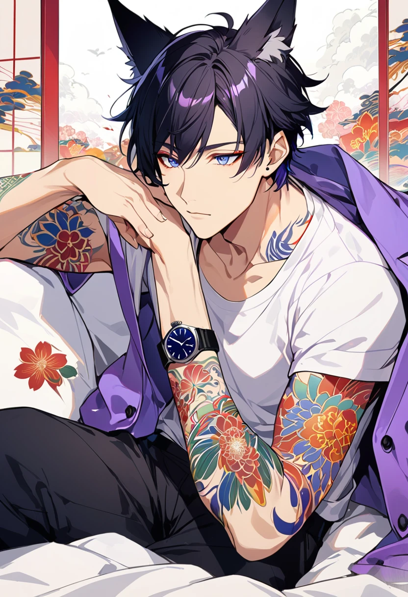 1man, short black hair, fox ears, bright blueviolet eyes, wearing a purple casual jacket, wearing a white undershirt, wearing black pants, wearing a vintage blueviolet watch, japanese style tattoos,  colorfull tattoos, tattoos all over the arms, resting head with hand