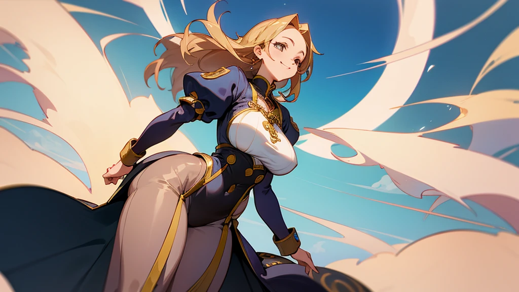 Anime Style,A detailed background with many people,Near future city,Smiling Bard,Mature Woman,Large Breasts,Protruding buttocks