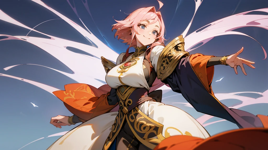 Anime Style,A detailed background with many people,Near future city,Smiling Bard,Mature Woman,Large Breasts,Protruding buttocks