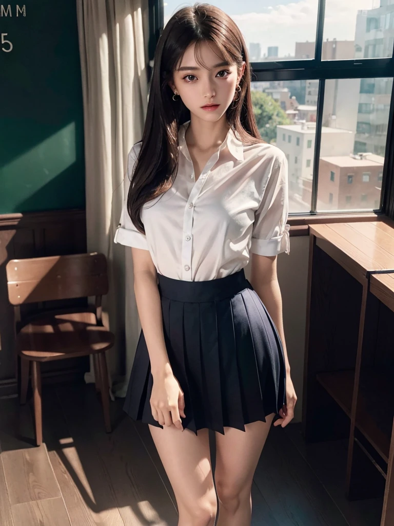 absurdres, RAW photo, extremely delicate and beautiful, masterpiece, Best Quality, ultra high resolution, 32k, hyperrealistic, ultra-detailed, perfect anatomy, super Detailed skin, perfect figure, Super Beauty, Perfect Style, Perfect balance, Beautiful Lighting, Perfect Lightning, Realistic Shadows, 20 years old, very Slim body, narrow waist, very small head, very small face, delicate facial features, handsome detailed woman, very detailed eyes and face, realistic face proportions, Realistic beautiful face, Realistic beautiful eyes, tearful mole, earring, very huge round breasts, medium hair, asymmetrical hair, (full body shot:1.2), indoor, short skirt, (school_uniform:1.2), bare legs,