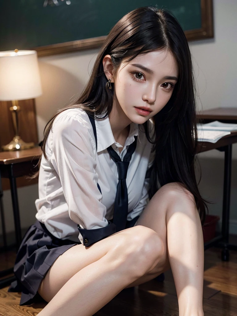 absurdres, RAW photo, extremely delicate and beautiful, masterpiece, Best Quality, ultra high resolution, 32k, hyperrealistic, ultra-detailed, perfect anatomy, super Detailed skin, perfect figure, Super Beauty, Perfect Style, Perfect balance, Beautiful Lighting, Perfect Lightning, Realistic Shadows, 20 years old, very Slim body, narrow waist, very small head, very small face, delicate facial features, handsome detailed woman, very detailed eyes and face, realistic face proportions, Realistic beautiful face, Realistic beautiful eyes, tearful mole, earring, very huge round breasts, medium hair, asymmetrical hair, (full body shot:1.2), indoor, short skirt, (school_uniform:1.2), bare legs,