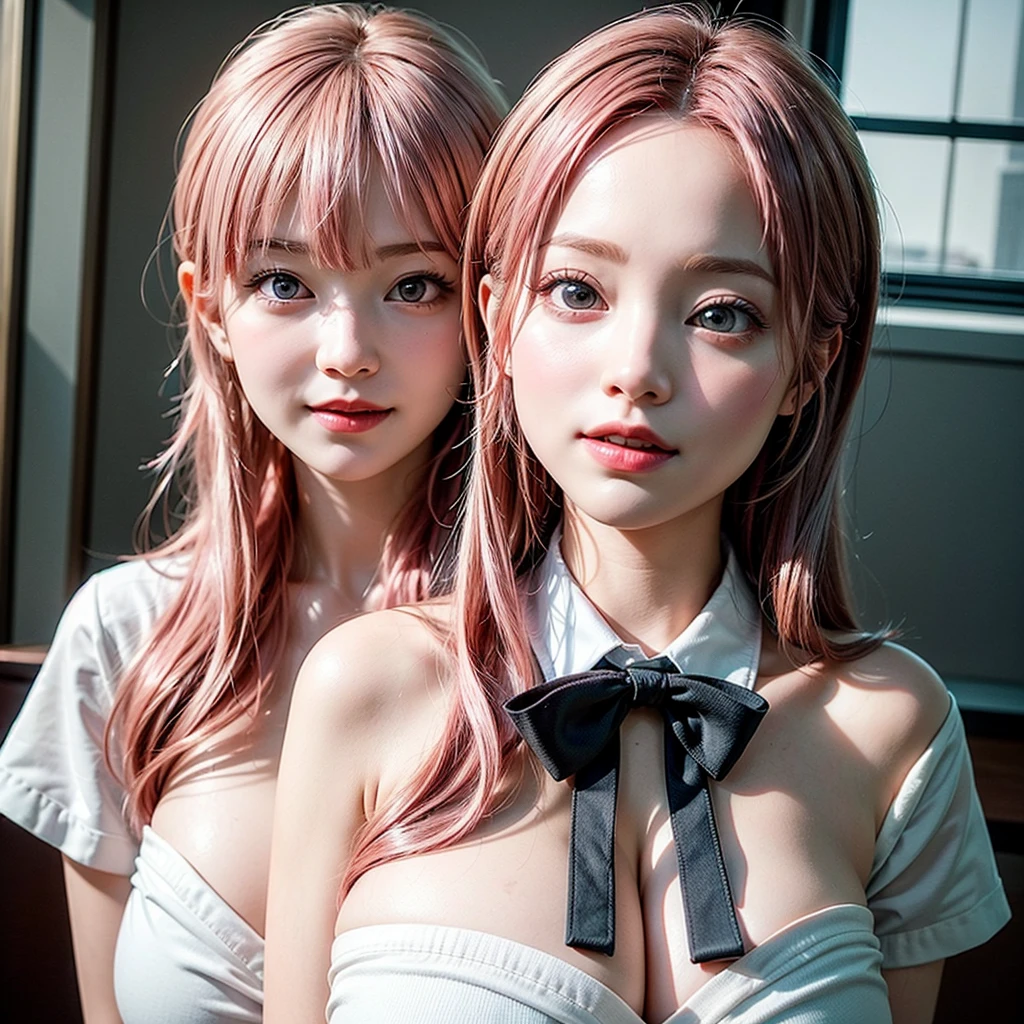 White and Bright Red, (Masterpiece 8K TopQuality:1.2) (ProfessionalPhoto:1.37) ExtremelyDetailed (((KAWAII girl pink hair with massive accentuated super HUGE enormously gigantic , deep cleavage:1.37)) (school uniform with bow tie) Extremely detailed (Delicate cotton textures) PerfectLighting (window view school classroom Background) (plaid school girl skirt and white thigh high socks) BREAK (((NOGIZAKA FaceVariations))), Extremely Detailed (very KAWAII Face), Childish CaptivatingGaze Stunning ParfectEyes ElaboratePupils with (SparklingHighlights:1.28), DoubleEyelids with (Detailed Voluminous LongEyelashes:0.88), Small GlossyRedLips with BeautifulDetails, CoquettishTongue, PUNIPUNI RosyCheeks, Radiant PearlSkin with Transparency, Glowing DowneyHair . { (Dynamic Joyful expressions LifeLike Rendering:1.4) | (:d) }, (large eyes:-1) .