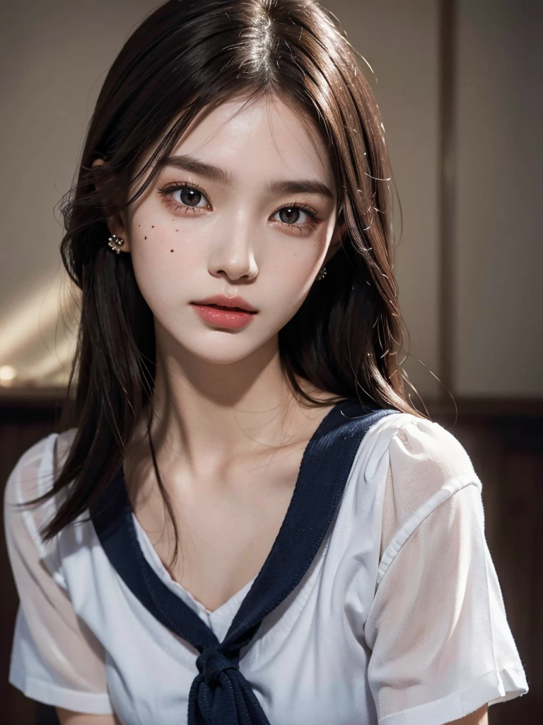 absurdres, RAW photo, extremely delicate and beautiful, masterpiece, Best Quality, ultra high resolution, 32k, hyperrealistic, ultra-detailed, perfect anatomy, super Detailed skin, perfect figure, Super Beauty, Perfect Style, Perfect balance, Beautiful Lighting, Perfect Lightning, Realistic Shadows, 20 years old, very Slim body, narrow waist, very small head, very small face, delicate facial features, handsome detailed woman, very detailed eyes and face, realistic face proportions, Realistic beautiful face, Realistic beautiful eyes, tearful mole, earring, very huge round breasts, medium hair, asymmetrical hair, (full body shot:1.2), indoor, short skirt, (school_uniform:1.2), bare legs,