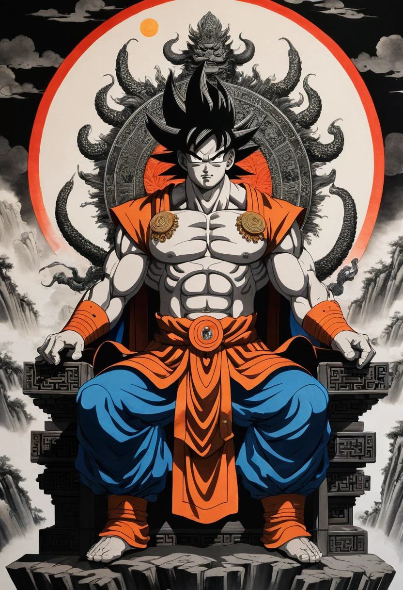 (masterpiece, best quality: 1.2), traditional Chinese ink painting , goku dressed as god of destruction,  sitting on throne 