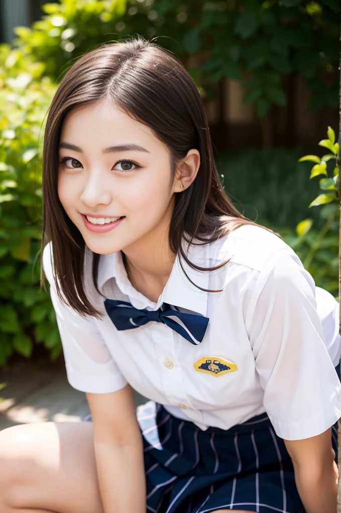Pure young Japanese school girl, wearing summer uniforms, natural black hair styles, impressive big brown eyes, no makeup, thick eyebrows, pure smile, refreshing in summer sunlight, feeling soft breeze in hair, sitting, relaxed pose, sexual attractive, professional portrait photography,