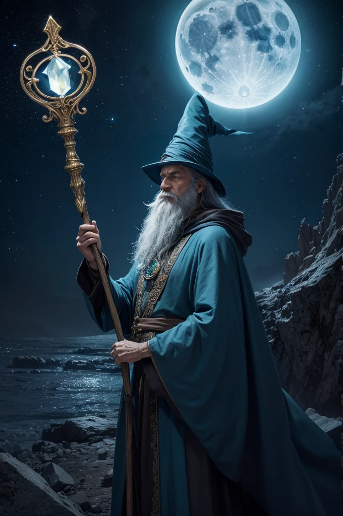 A wizard in the moonlight, holding a staff tipped with a shining gemstone, Um mago poderoso