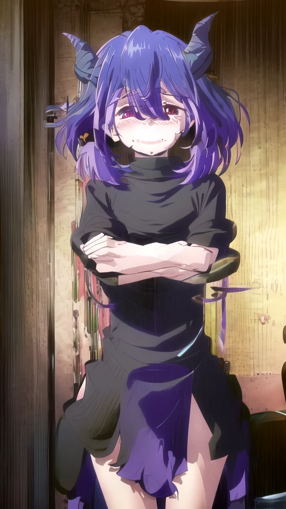 women, alone, Madura, high, much, cadera muchs, big thighs,purple hair, horns, black dress, seductive smile, blush, (looking at the viewer), Crossed arms, HK,