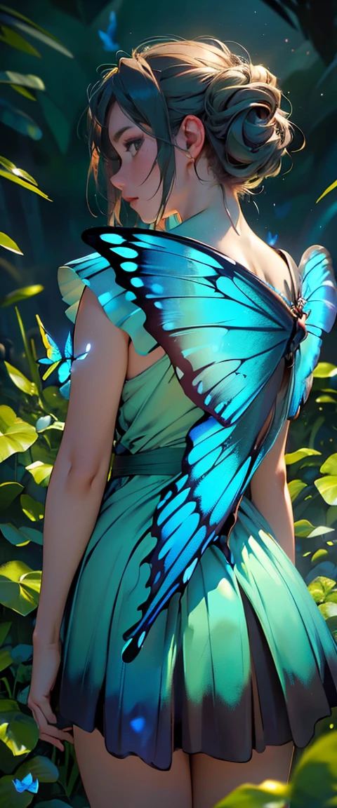 ((masterpiece, highest quality, Highest image quality, High resolution, photorealistic, Raw photo, 8K)), ((Extremely detailed CG unified 8k wallpaper)), A lone blue butterfly fluttering in the starry sky, Huge butterfly wings from the back, (green glowing wings), green wings shining in the dark night, summer dress fluttering,