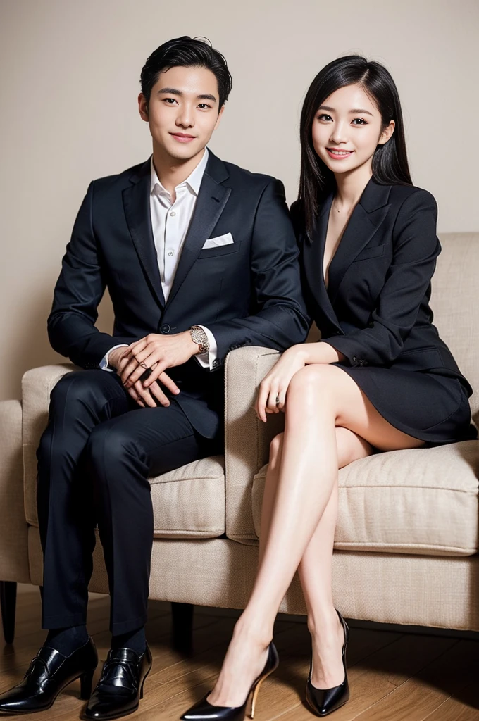 Pure Japanese young girl, outstanding body, beautiful legs, wearing formal suits, high heels, vivid makeup and lips, thick eyebrows, formal black hair styles, sweet smile, professional portrait photography, sitting,