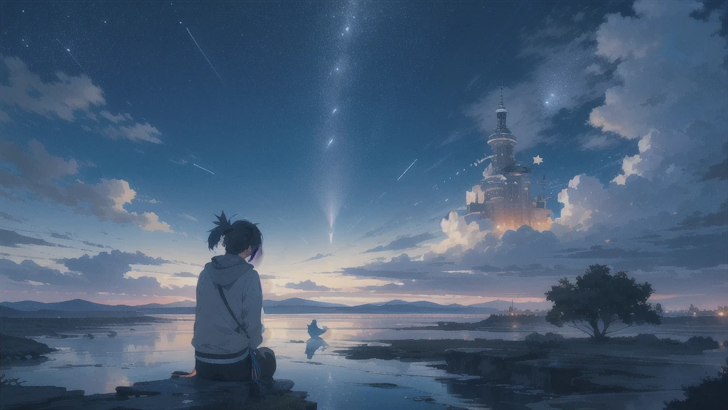 真っ暗なnight空,Octane, star (null), scenery, Blue parakeet,star, night, A girl back to back, sit,Back view,Outdoor, city,Blue parakeet,building, cloud, 天のriver,silhouette