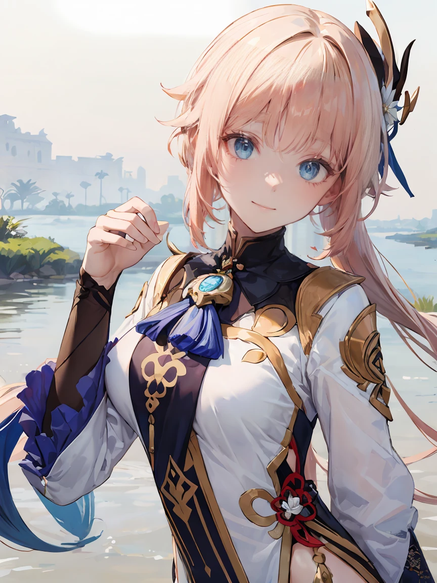 (Realistic drawing style:1.1), masterpiece, Highest quality, To the Nile (neither flower nor mist) (Genshin Impact&#39;Influence),against the background of a pond and lotus flowers, Sea green eyes, To the Nile (Genshin Impact&#39;Influence), fake horn, 1 girl, One, reis hair, Veil, smile, moon, Long Hair, Crop top, jewelry, horn, night, , brooch, Long sleeve, puffy Long sleeve, I look at the audience, skirt, Van, ponytail, water, Puff sleeves, null, Neck Ring, Open your mouth, :is, full moon, night null, flower, Harem Costume, Van, Raise your hand, chest, hoop, outisoors, green skirt, hair ornaments, isetacheis sleeves, low ponytail, Floating Hair, gem, hair flower, green , hanis up, isancer, white heaiswear, ,very Long Hair