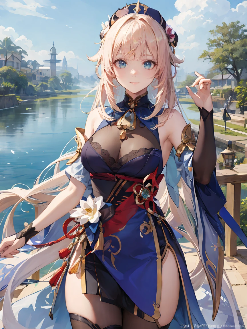 (Realistic drawing style:1.1), masterpiece, Highest quality, To the Nile (neither flower nor mist) (Genshin Impact'Influence),against the background of a pond and lotus flowers, Sea green eyes, To the Nile (Genshin Impact'Influence), fake horn, 1 girl, One, reis hair, Veil, smile, moon, Long Hair, Crop top, jewelry, horn, night, , brooch, Long sleeve, puffy Long sleeve, I look at the audience, skirt, Van, ponytail, water, Puff sleeves, null, Neck Ring, Open your mouth, :is, full moon, night null, flower, Harem Costume, Van, Raise your hand, chest, hoop, outisoors, green skirt, hair ornaments, isetacheis sleeves, low ponytail, Floating Hair, gem, hair flower, green , hanis up, isancer, white heaiswear, ,very Long Hair