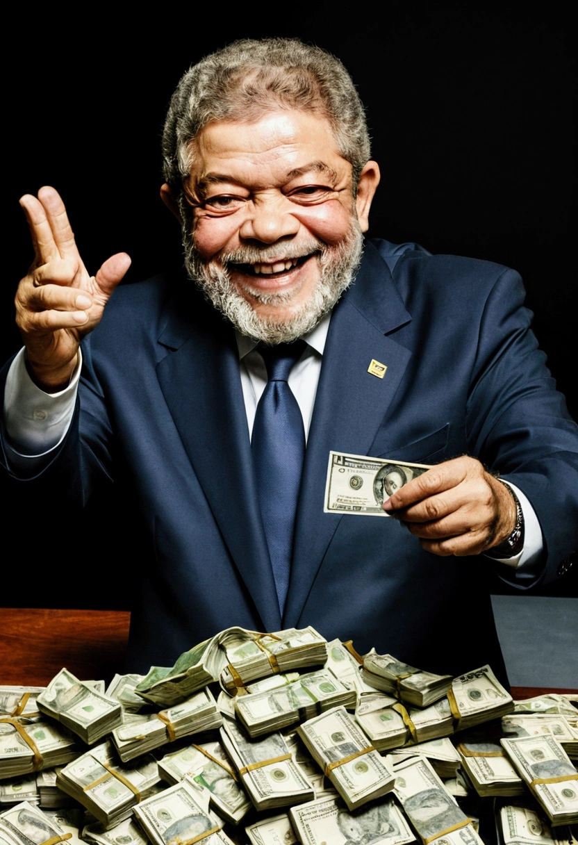 President of Brazil Lula holding a bunch of stolen money and smiling at his voters and making the letter L with his hand