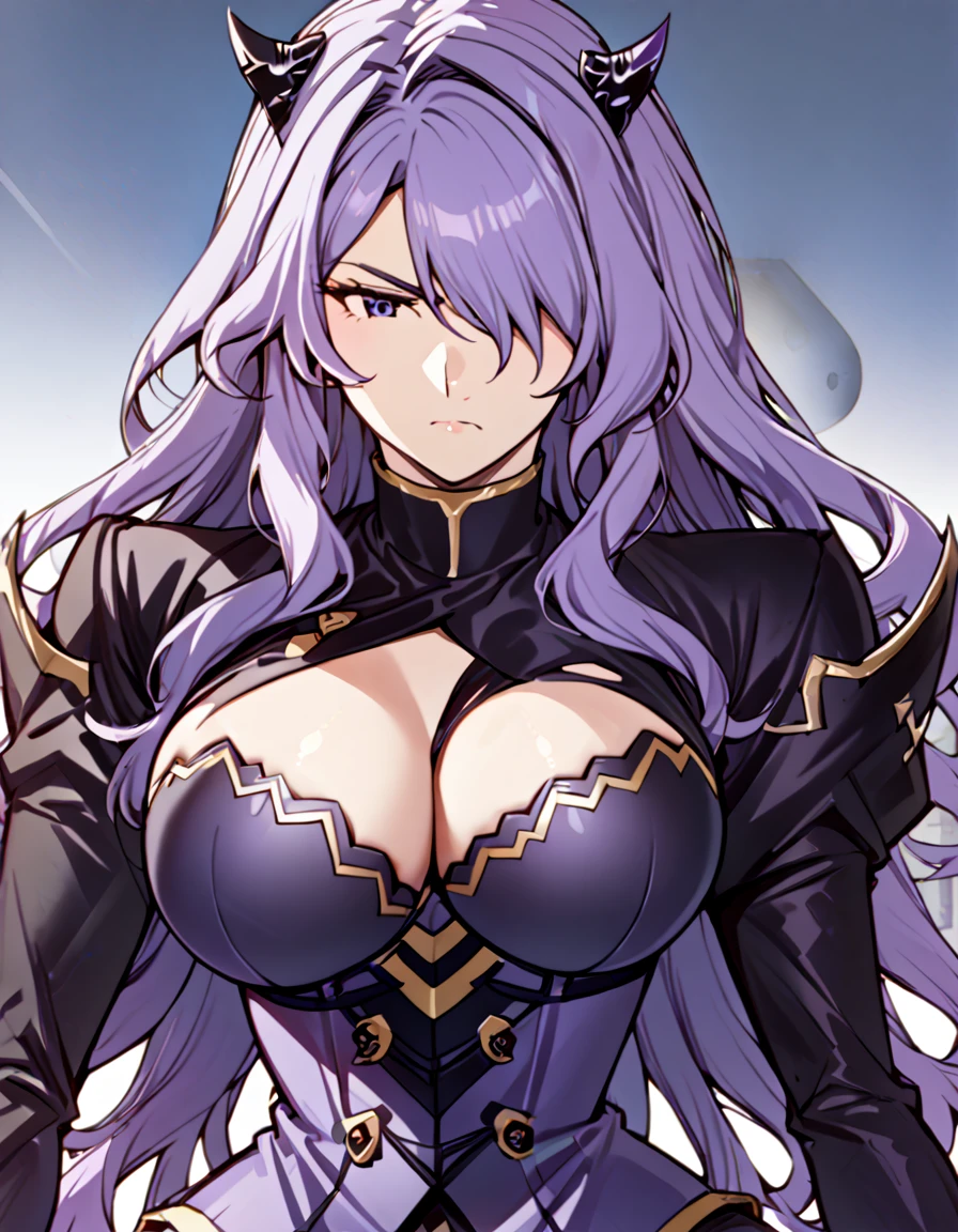 Anime, 1 girl, solo, kimtag, Camilla, Camilla's hairstyle, purple colored hair, blue eyes, serious expression, busty, firm plump body, genetics's uniform , Juliet sleeves, deep cleavage,, large skirt,