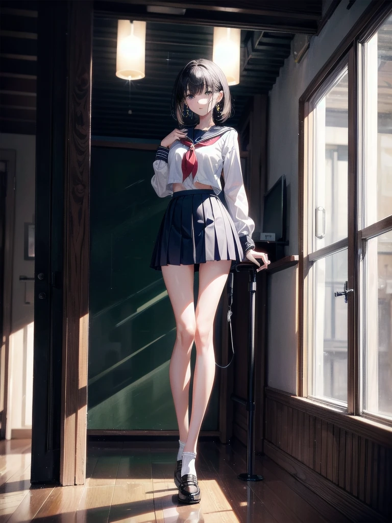 absurdres, RAW photo, extremely delicate and beautiful, masterpiece, Best Quality, ultra high resolution, 32k, hyperrealistic, ultra-detailed, perfect anatomy, super Detailed skin, perfect figure, Super Beauty, Perfect Style, Perfect balance, 20 years old, very Slim body, narrow waist, very small head, very small face, delicate facial features, tearful mole, earring, very huge round breasts, medium hair, asymmetrical hair, full body shot, indoor, short skirt, (school_uniform:1.2),