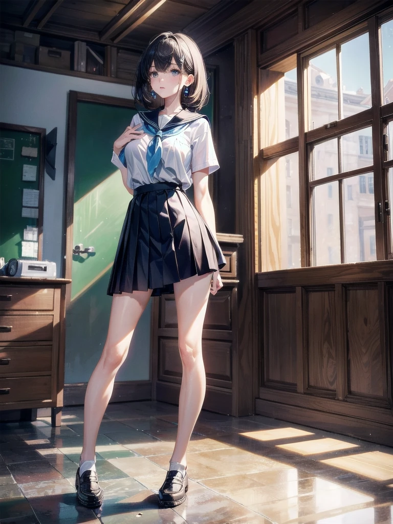 absurdres, RAW photo, extremely delicate and beautiful, masterpiece, Best Quality, ultra high resolution, 32k, hyperrealistic, ultra-detailed, perfect anatomy, super Detailed skin, perfect figure, Super Beauty, Perfect Style, Perfect balance, 20 years old, very Slim body, narrow waist, very small head, very small face, delicate facial features, tearful mole, earring, very huge round breasts, medium hair, asymmetrical hair, full body shot, indoor, short skirt, (school_uniform:1.2),