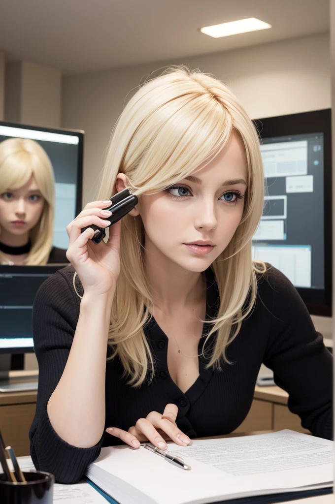 Blonde psychologist very busy doing several things at the same time.