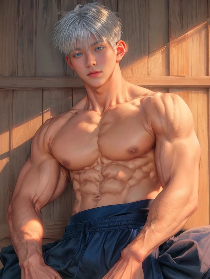 1boy, adult, handsome, perfect face, detailed eyes and face, clean shaved, muscular, capturing a rural atmosphere, dynamic lighting, unreal engine 5, hd picture, satoru gojo, white hair, short hair ,hair between eyes ,blue eyes, white skin