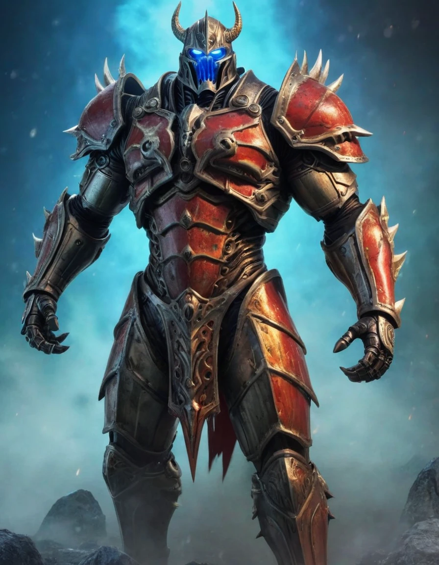illustration,
full body,
Lich King,
titan,
god,
giant,
tall,
tail,
cape,
robot,
hybrid,
red skin,
steam punk,
red flesh,
claws,
muscular,
sauron,
XENO,
military uniform,
combat suit,
exoskeleton,
red and yellow green colors,
background blue mist,
action pose,
looking at viewer,
dynamic light,
ultra detail,
full detail, 
8k best quality,
realistic, 8k, 
micro intricate,
masterpiece,
blizzard