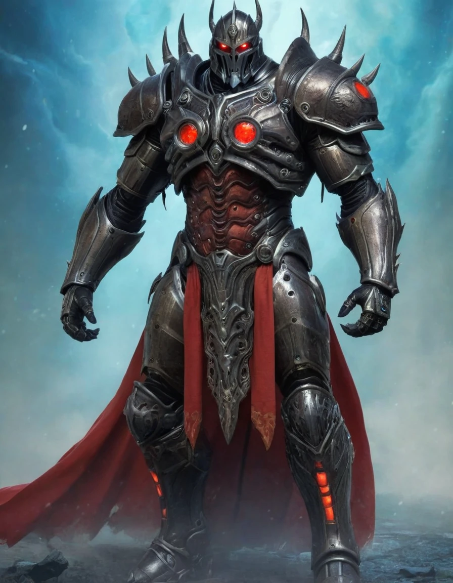 illustration,
full body,
Lich King,
titan,
god,
giant,
tall,
tail,
cape,
robot,
hybrid,
red skin,
steam punk,
red flesh,
claws,
muscular,
sauron,
XENO,
military uniform,
combat suit,
exoskeleton,
red and yellow green colors,
background blue mist,
action pose,
looking at viewer,
dynamic light,
ultra detail,
full detail, 
8k best quality,
realistic, 8k, 
micro intricate,
masterpiece,
blizzard