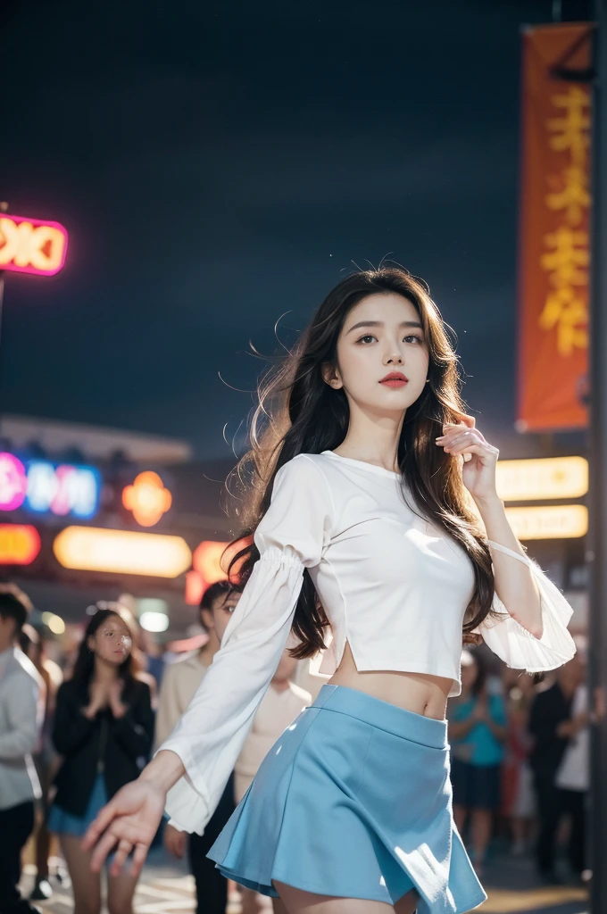 (((best quality))), (((ultra detailed))), (((masterpiece))), illustration,((a beautiful girl,solo)),((slim,thin)),((small breasts,flat chest,claviclis,navel)),(blue-sleeved white short-sleeved shirt:1.5),(blue mini-skirt:1.3),(slender legs:1.2),dancing,((on a stage,outside a shopping mall, at the entrance of a beer promotional event,on the street)), ((surrounded by crowded crowds)),((her hair and the edges of her skirt fluttering in the air)), the girl's attire reflecting the vibrant spirit of summer, a sense of youthful charm and confidence exuding from her, her hair flows freely in the wind, the fluttering skirt accentuating her graceful movements, her expressive eyes and infectious smile drawing people closer, the stage adorned with colorful decorations, the vibrant atmosphere enhanced by the enthusiasm of the crowd, onlookers of various ages captivated by her performance, clapping, cheering, and taking photos, the girl's graceful dance transforming the ordinary streets into a vibrant and lively venue, her energy and charisma captivating the audience, the scene encapsulating the spirit of summer and the beauty of artistic expression,(night scene:1.3),(from front:1.3)