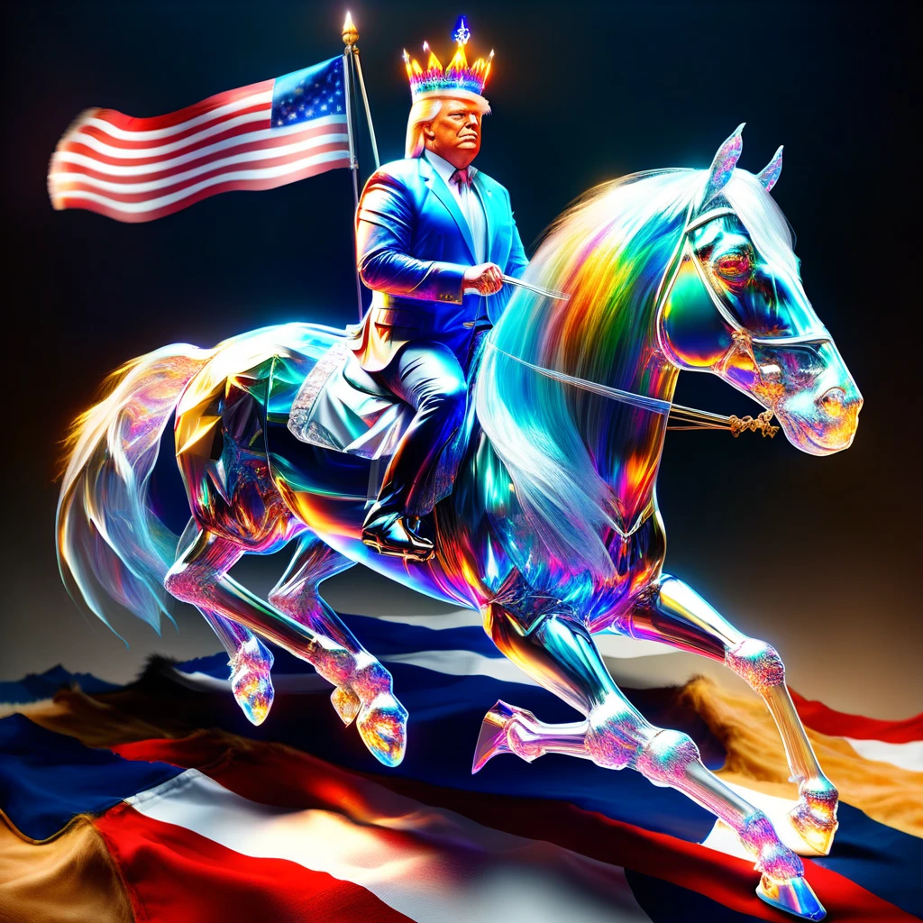 hyper detailed masterpiece, dynamic realistic digital art, incredible quality, doradas, Donald Trump, sitting on horse wearing a crown holding the flag of the United States DonMSp3ctr4lXL