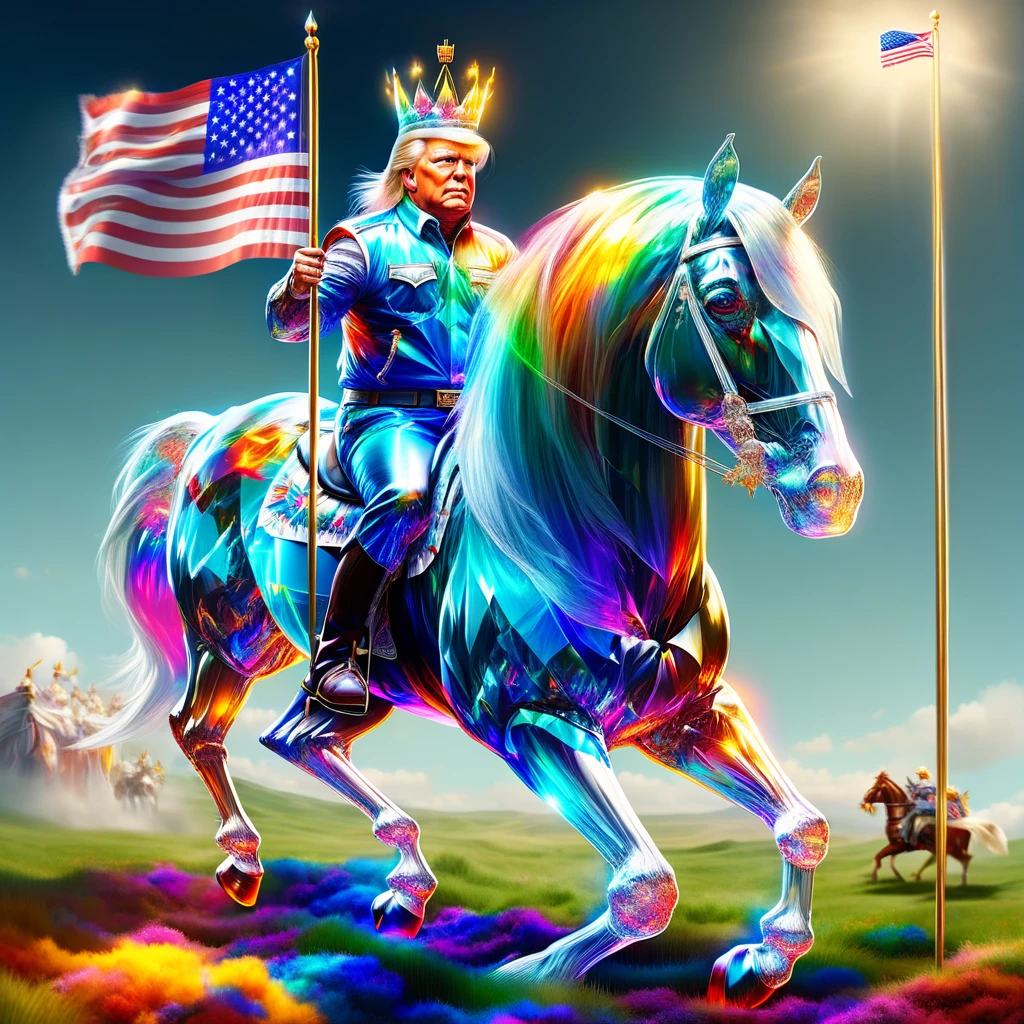hyper detailed masterpiece, dynamic realistic digital art, incredible quality, doradas, Donald Trump, sitting on horse wearing a crown holding the flag of the United States DonMSp3ctr4lXL