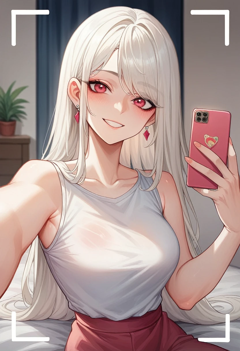 Beautiful woman, sweet smile, ulzzang ager, selfie in cutely decorated bedroom. All wearing the same outfit