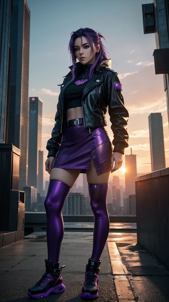 A full-body portrait photograph of a woman with purple hair, capturing the beauty of a woman with purple hair, standing sideways and looking at the camera in a cyberpunk and hydropunk style. She is wearing a leather jacket and a leather skirt. The photograph features a beautiful sunset between tall buildings, with the character standing in the middle. The warmth and beauty of the sunset enhance the image. This photograph is intended for Instagram and Facebook, showcasing clear proportions and is an urban girl fanart. It seamlessly merges the aesthetics of cyberpunk and hydropunk.