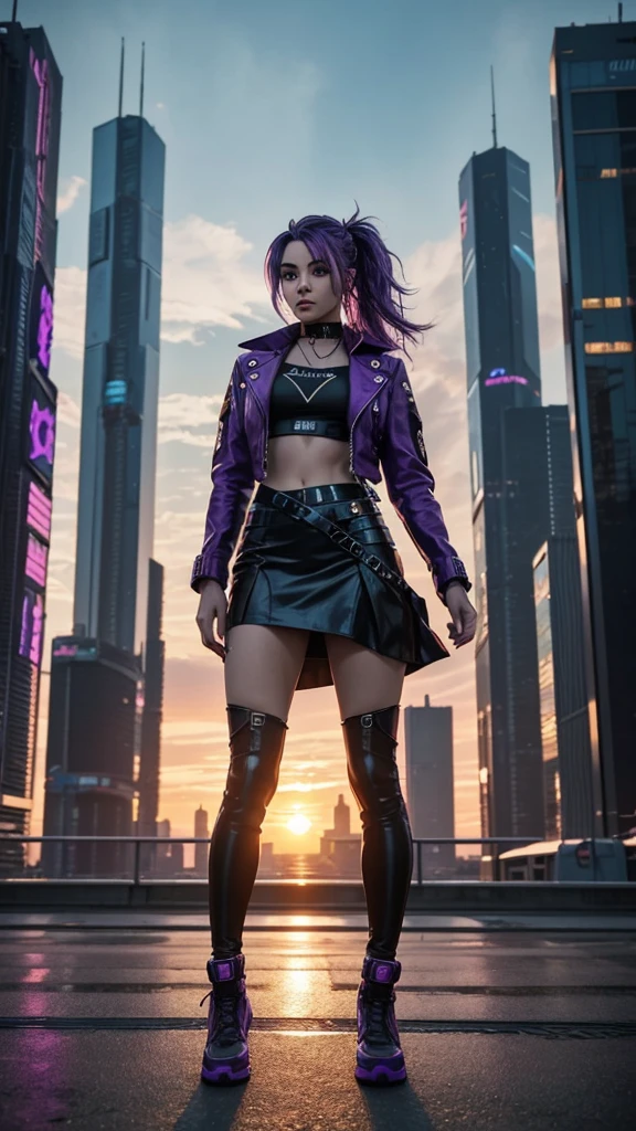 A full-body portrait photograph of a woman with purple hair, capturing the beauty of a woman with purple hair, standing sideways and looking at the camera in a cyberpunk and hydropunk style. She is wearing a leather jacket and a leather skirt. The photograph features a beautiful sunset between tall buildings, with the character standing in the middle. The warmth and beauty of the sunset enhance the image. This photograph is intended for Instagram and Facebook, showcasing clear proportions and is an urban girl fanart. It seamlessly merges the aesthetics of cyberpunk and hydropunk.
