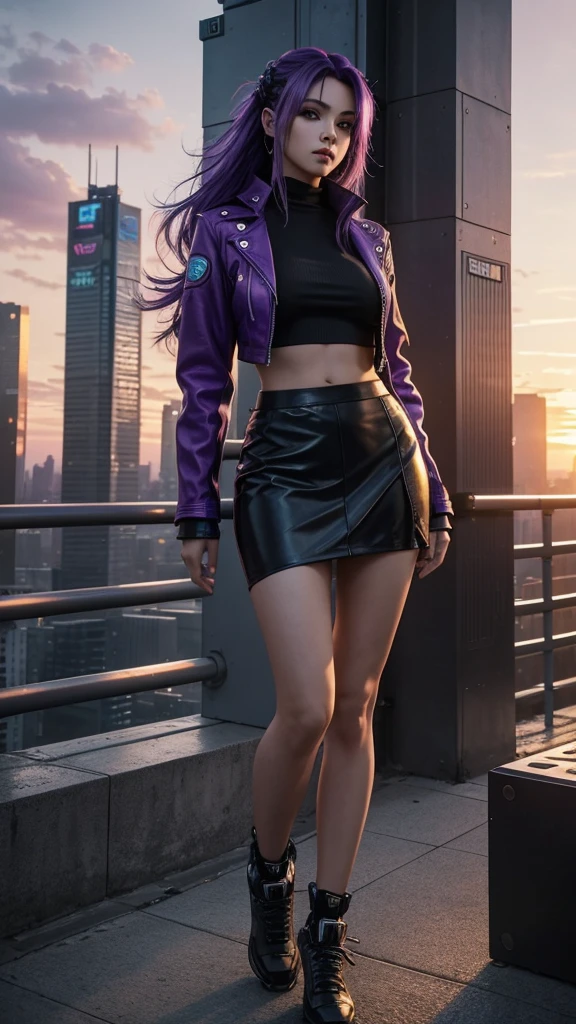 A full-body portrait photograph of a woman with purple hair, capturing the beauty of a woman with purple hair, standing sideways and looking at the camera in a cyberpunk and hydropunk style. She is wearing a leather jacket and a leather skirt. The photograph features a beautiful sunset between tall buildings, with the character standing in the middle. The warmth and beauty of the sunset enhance the image. This photograph is intended for Instagram and Facebook, showcasing clear proportions and is an urban girl fanart. It seamlessly merges the aesthetics of cyberpunk and hydropunk.