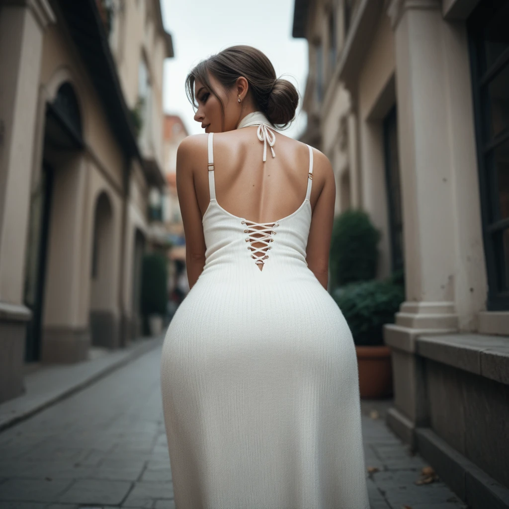  woman bending over on her knees and hands in a long cotton dress, rear view angle 