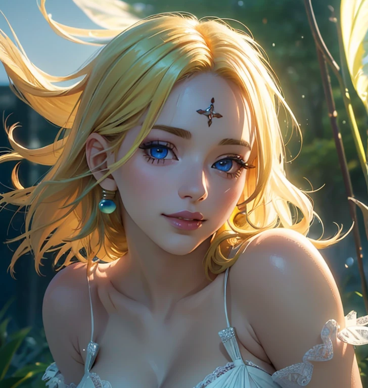 a beautiful woman with long blonde hair wearing a blue and white bikini top, detailed facial features, big breasts, graceful pose, serene expression, standing in a lush green meadow with flowers, soft natural lighting, cinematic composition, vibrant colors, highly detailed, intricate details, masterpiece, photorealistic