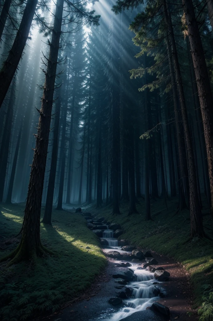 The image should evoke an atmosphere of mystery and magic. Include elements such as mysterious shadows, a dark and vibrant color palette, and touches of fantasy, like mystical beams of light and glowing effects. Imagine an enchanted forest or an ancient castle under a dim light.