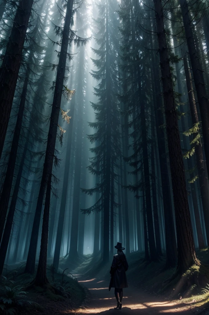 The image should evoke an atmosphere of mystery and magic. Include elements such as mysterious shadows, a dark and vibrant color palette, and touches of fantasy, like mystical beams of light and glowing effects. Imagine an enchanted forest or an ancient castle under a dim light.