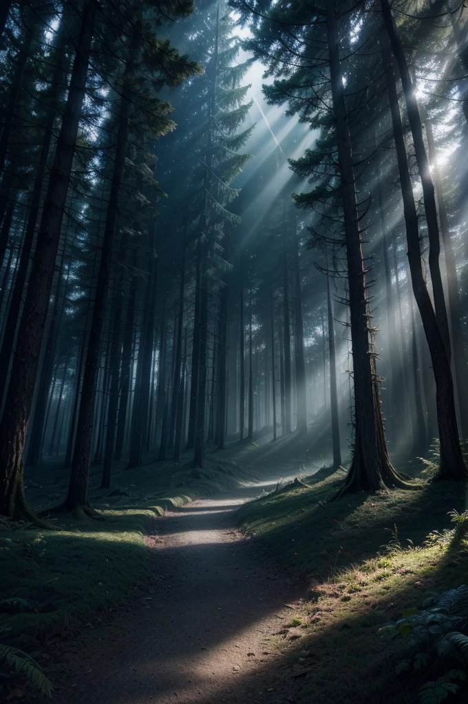 The image should evoke an atmosphere of mystery and magic. Include elements such as mysterious shadows, a dark and vibrant color palette, and touches of fantasy, like mystical beams of light and glowing effects. Imagine an enchanted forest or an ancient castle under a dim light.