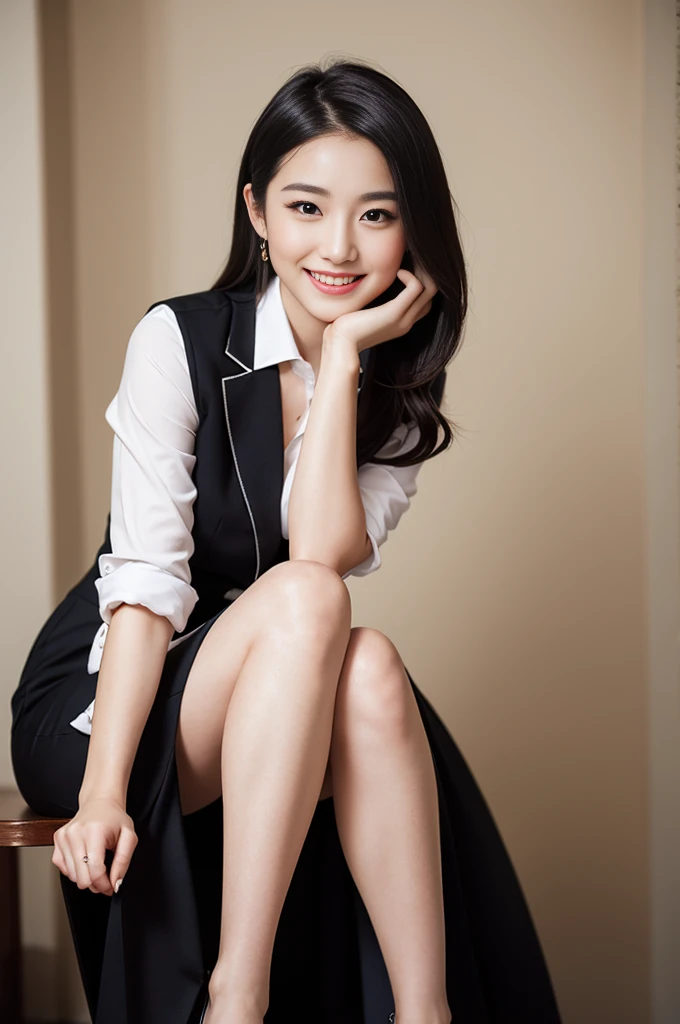 Pure Japanese young girl, outstanding body, beautiful legs, wearing formal suits, high heels, vivid makeup and lips, thick eyebrows, formal black hair styles, sweet smile, professional portrait photography, sitting, 