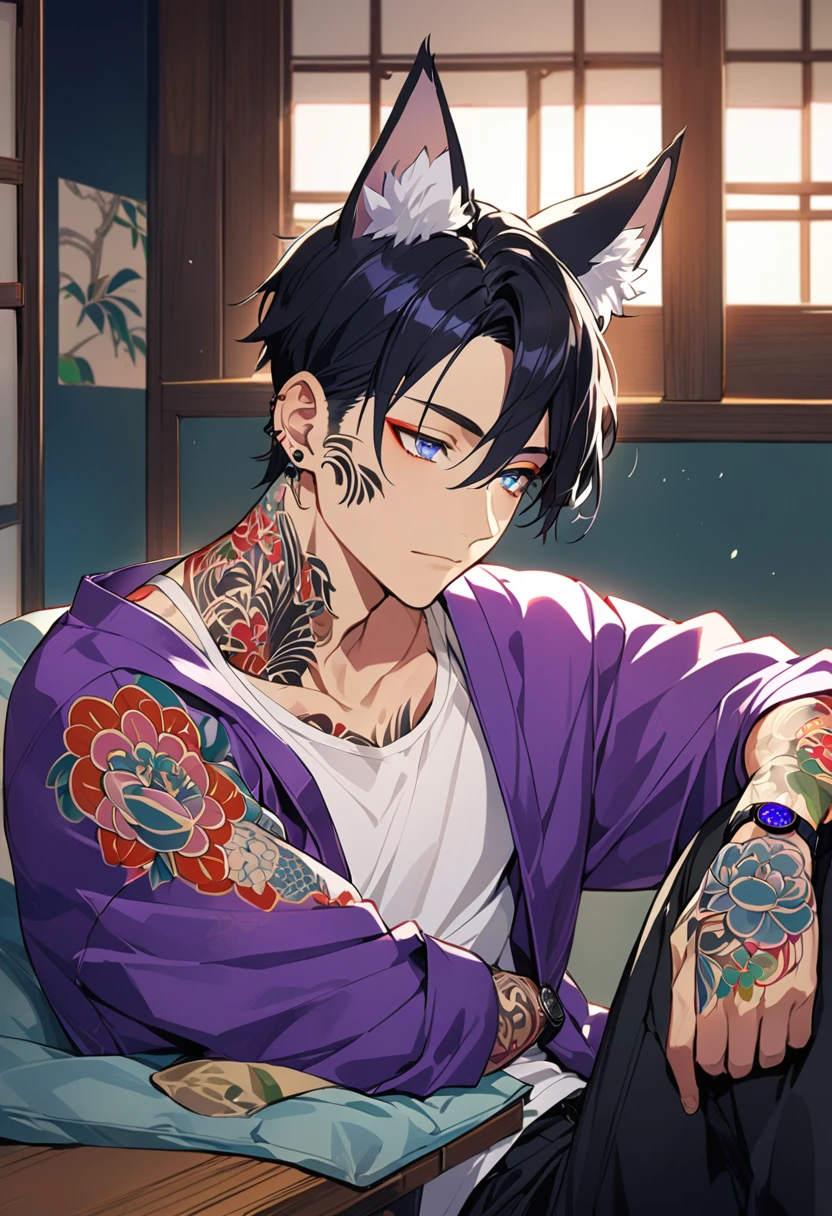 1man, short black hair, fox ears, bright blueviolet eyes, wearing a purple casual jacket, wearing a white undershirt, wearing black pants, wearing a vintage blueviolet watch, japanese style tattoos, colorfull tattoos, tattoos all over the arms, resting head with hand