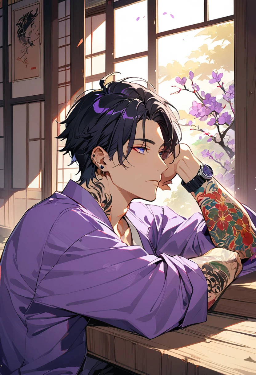 1man, short black hair, fox ears, bright blueviolet eyes, wearing a purple casual jacket, wearing a white undershirt, wearing black pants, wearing a vintage blueviolet watch, japanese style tattoos, colorfull tattoos, tattoos all over the arms, resting head with hand
