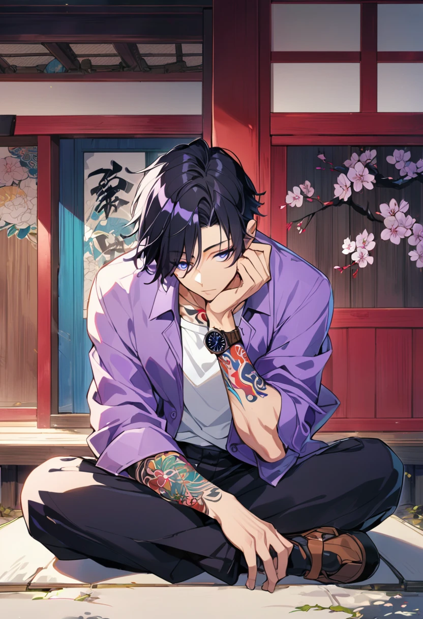 1man, short black hair, fox ears, bright blueviolet eyes, wearing a purple casual jacket, wearing a white undershirt, wearing black pants, wearing a vintage blueviolet watch, japanese style tattoos,  colorfull tattoos, tattoos all over the arms, resting head with hand