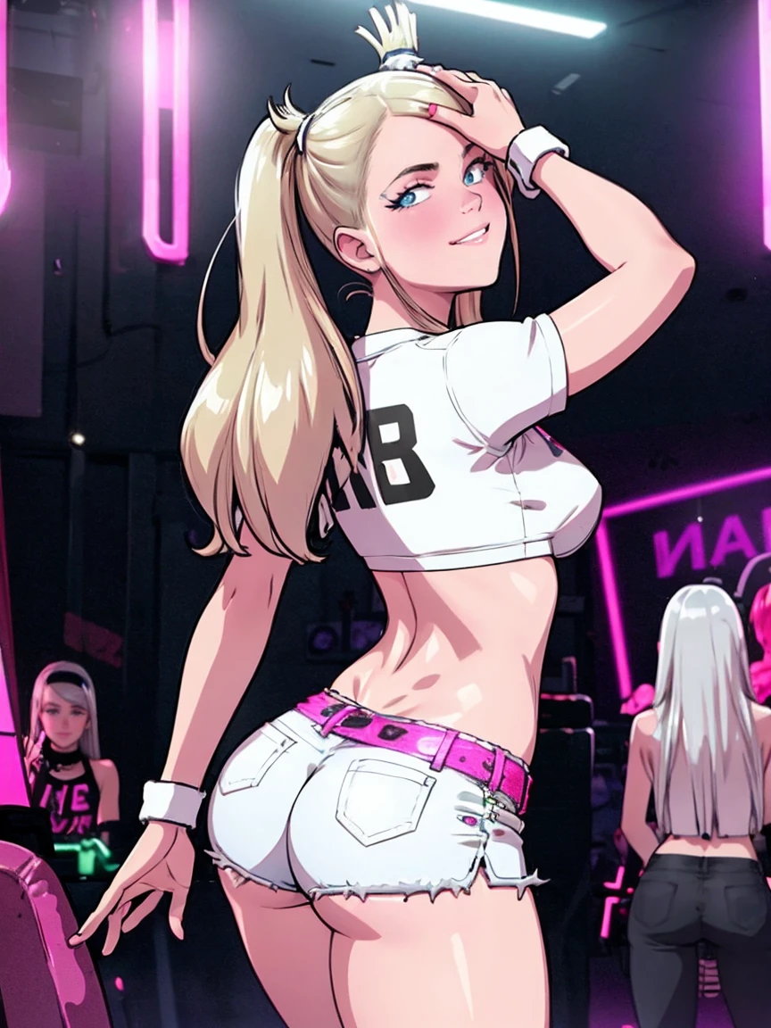 masterpiece, best quality, nice hips, slut, slutty bimbo clothes, medium breasts, smile, slut, young girl, bratty girl, wide hips, (white crop top), (white shorts), midriff, (nightclub), neon lights, (nightclub:1.5), neon lights, detailed eyes, pink and white outfits, straight hair, different haircolors, blonde, brunette, (view from behind), ((ass shake)), ((motion lines)), slutty facial expression, glancing over shoulder, smiling, (twerking), on stage, ,