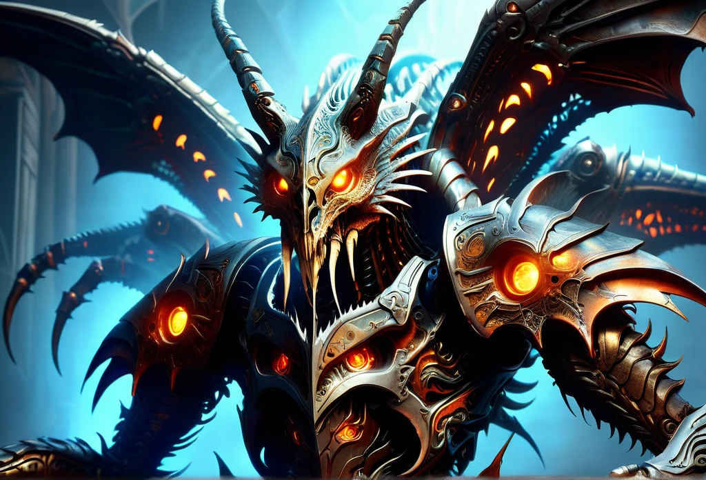 hyper detailed masterpiece, dynamic, awesome quality,a a anomalous pneumatic kinetic slender Hydra, armor skin, claws, wyrm-like head, four skeletal wings, clubbed tails, of ral-mold DonM0ccul7Ru57XL