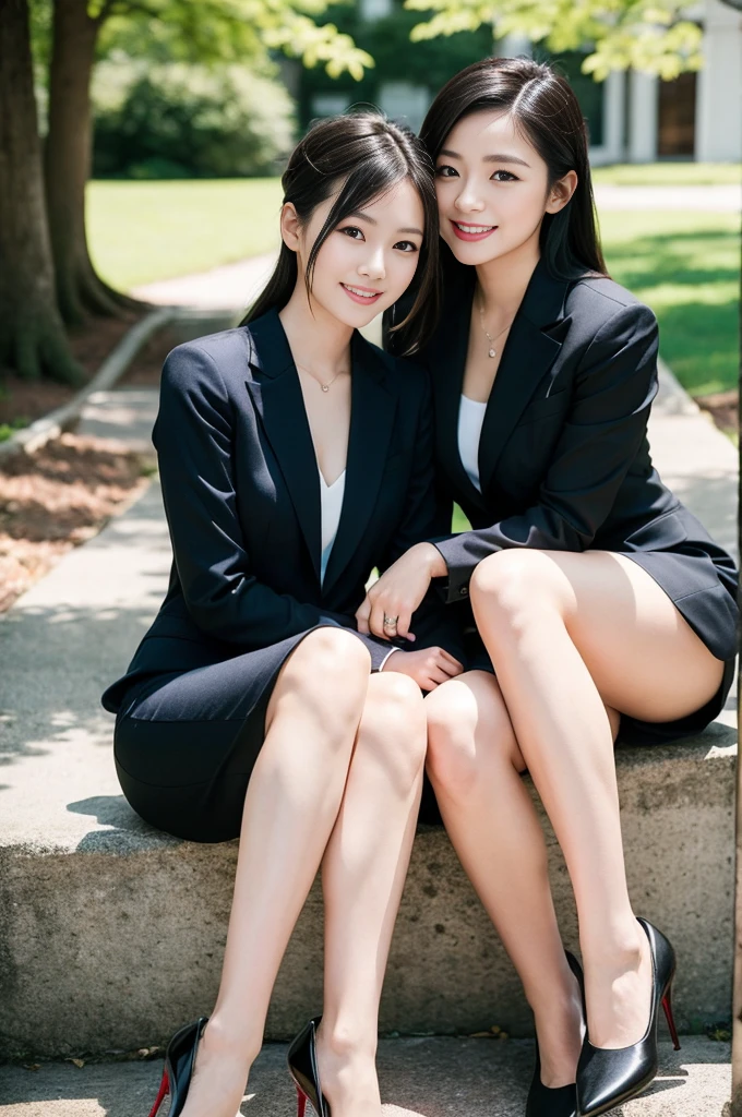 Pure Japanese young girl, outstanding body, beautiful legs, wearing traditional business suits, high heels, vivid makeup and lips, thick eyebrows, formal black hair styles, sweet smile, professional portrait photography, sitting, summer sunlight, 