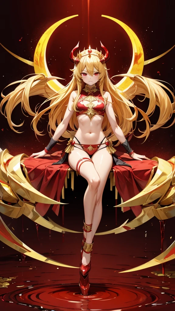 Blonde flat chest,Demon King,gold gemstone crown,red爪子,red龍尾,red,thong,Thin legs,red鐵靴子,Blood Pool