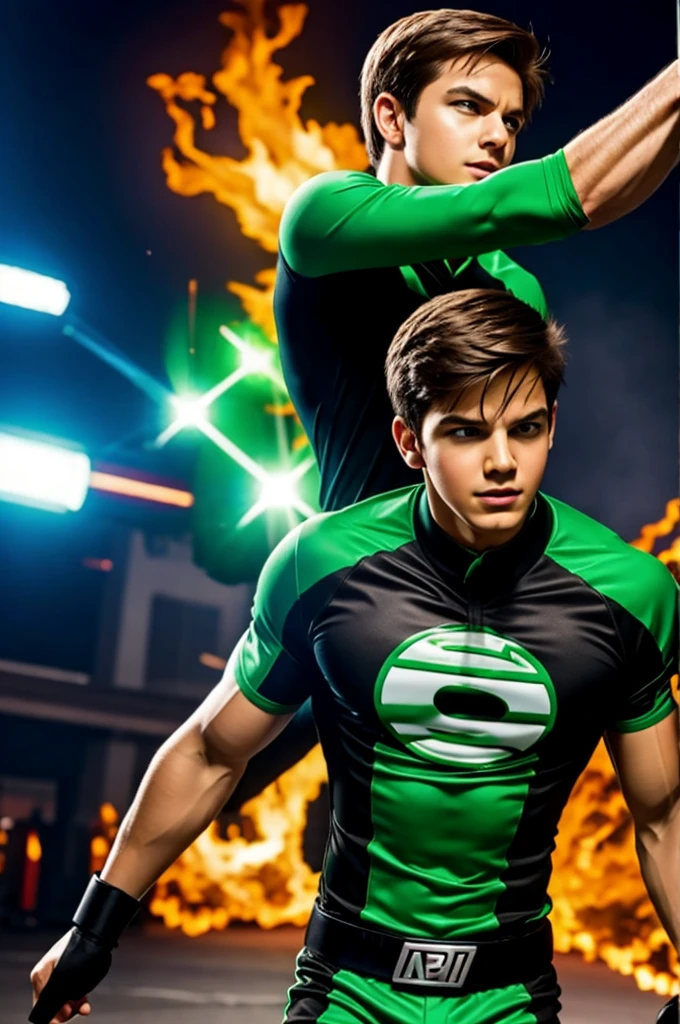 edd,A boy,with brown hair,a gray t-shirt,with a lightning bolt symbol on the chest ,a green layer,about rocking the city