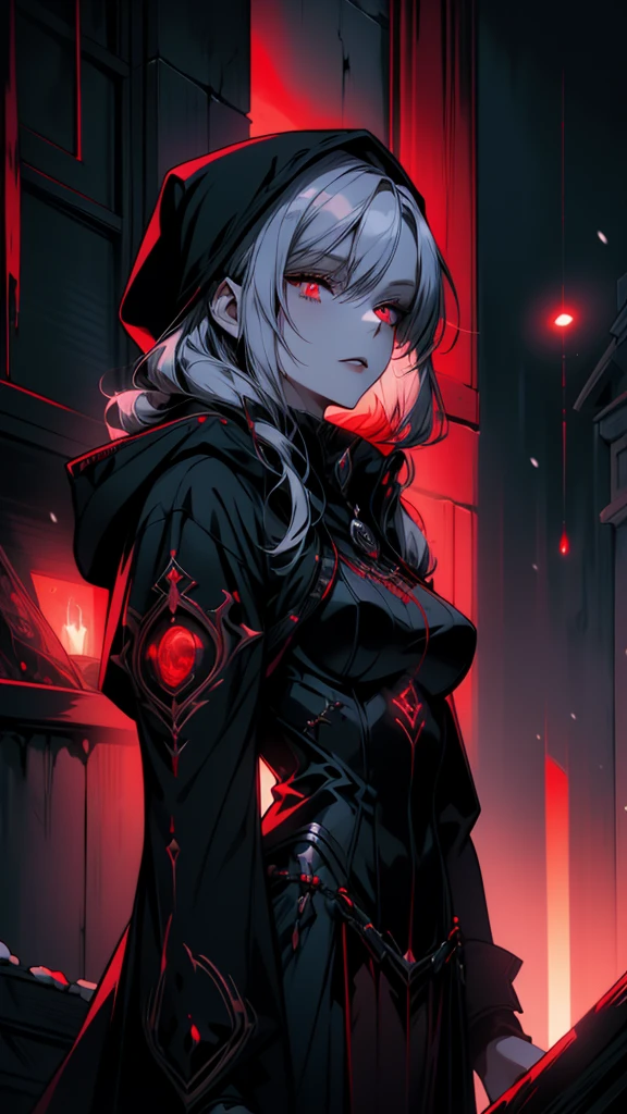 A woman with red eyes wearing a black cloak stands in the snow, Gothic Maiden Anime Girl, Nightcore, Beautiful Necromancer, Jan J, From Arknights, With eyes that glow red, Red eyes glow, Dark fantasy art, Glowing red eyes, Beautiful Necromancer girl, Cyberpunk anime girl in a hoodie, Highly detailed art gems