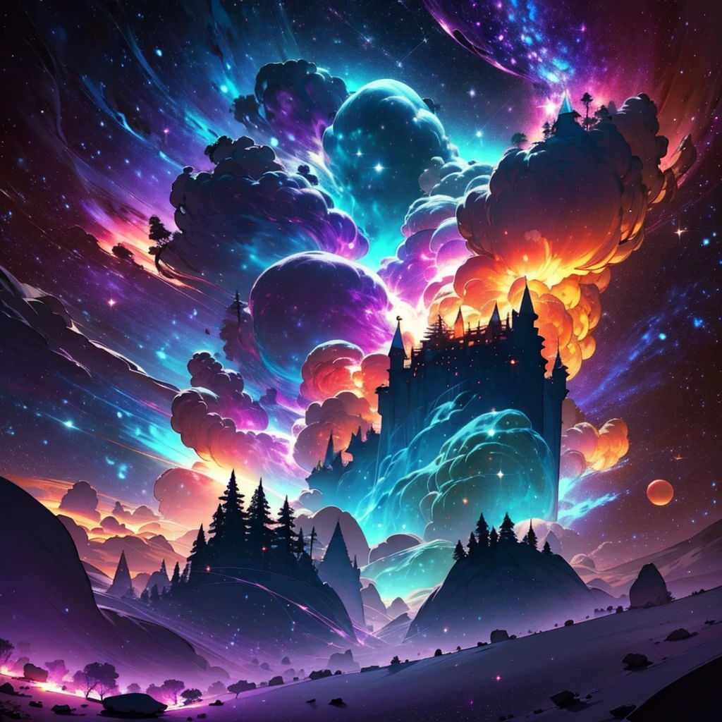 The image should evoke an atmosphere of mystery and magic. Include elements such as mysterious shadows, a dark and vibrant color palette, and touches of fantasy, like mystical beams of light and glowing effects. Imagine an enchanted forest or an ancient castle under a dim light.